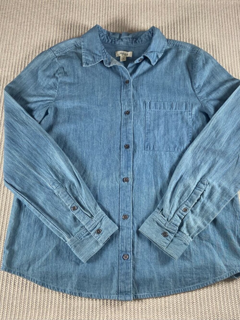Style & Co Women's 100% Cotton Chambray Button Down Shirt Long Sleeve Size Med